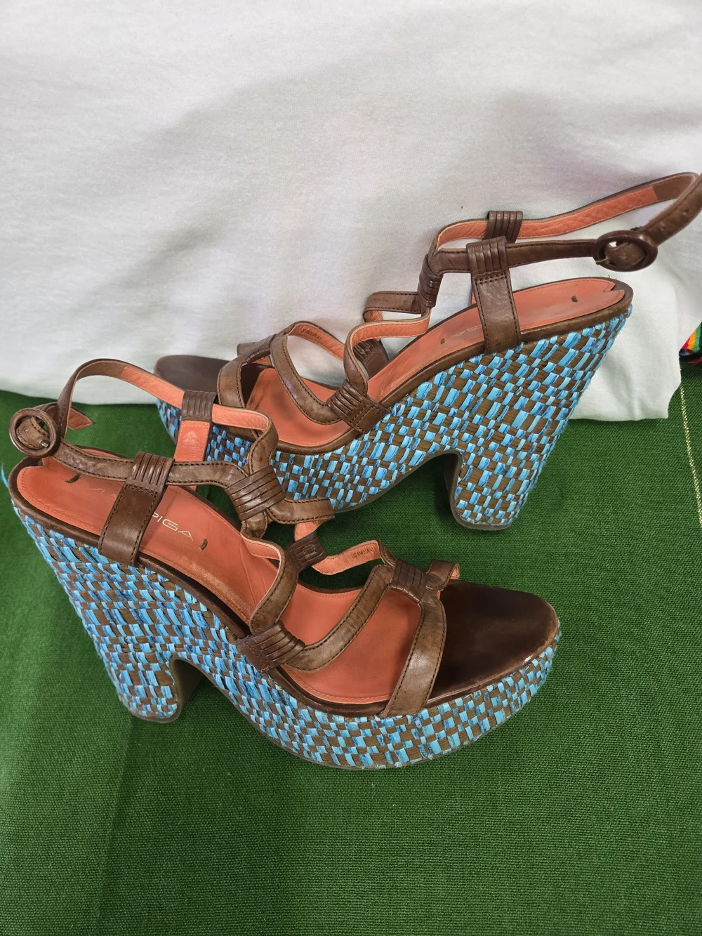 Via Spiga Brown Leather Strappy Platforms with Turquoise Woven Heel